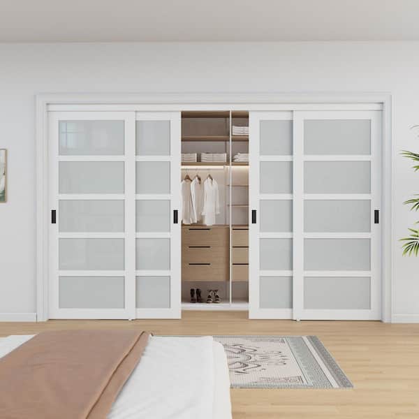 120 in. x 80 in. 5-Lite Tempered Frosted Glass Primed White Glass Interior Closet Sliding Door Black Handles Hardware