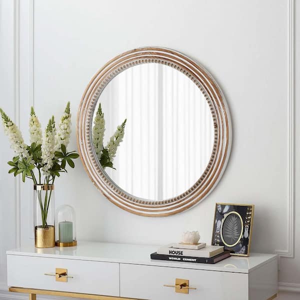 White 23.62 in. W x 23.62 in. H Farmhouse Round Wall Mirror with Wood Beaded Frame,Rustic Decorative Mirror for Bathroom
