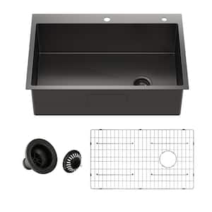 Stainless Steel Sink 33 in. 16-Gauge Single Bowl Drop-In Kitchen Sink in Nano PVD Gunmetal Black with Accessories