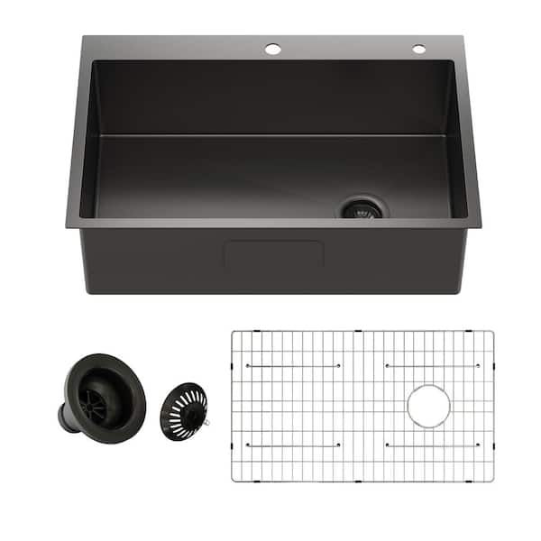 CASAINC Stainless Steel Sink 33 in. 16-Gauge Single Bowl Drop-In Kitchen Sink in Nano PVD Gunmetal Black with Accessories