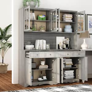 Gray Retro Style Wood Accent Storage Cabinet with 3-Drawer, Tempered Glass Doors and Adjustable Shelves