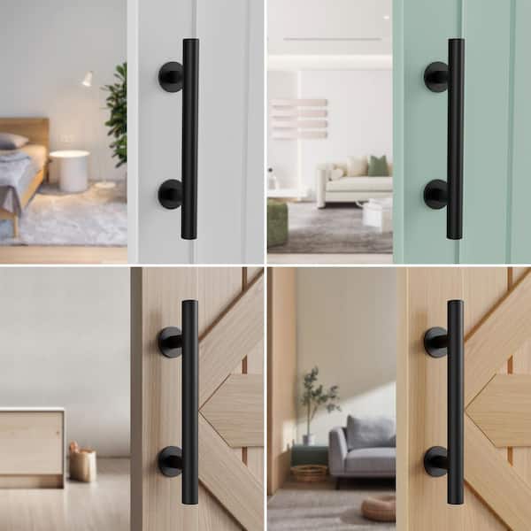 12 in. L Modern Rustic Frosted Black Sliding Barn Door Handle Pull and Flush Hardware Set(2-Pack)