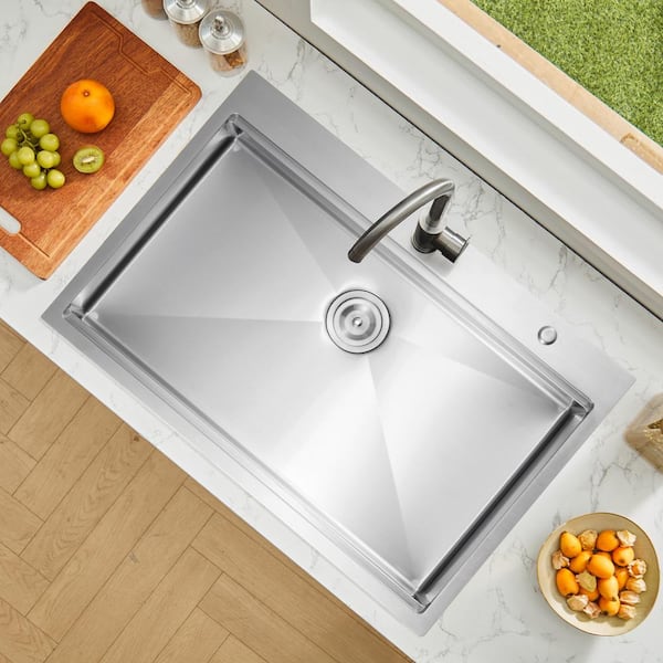 33 in. Kitchen Sink Workstation, 304 Stainless Steel Top Mount Sinks, Drop-In Single Bowl Farmhouse Basin with Ledge