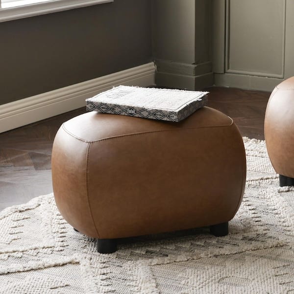 Camel PU Faux Leather Upholstered Footrest Round Ottoman