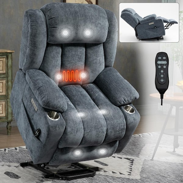 Blue Chenille Power Lift Recliner Chair with 8-Point Vibration Massage, Lumbar Heating, Cup Holders, USB Ports