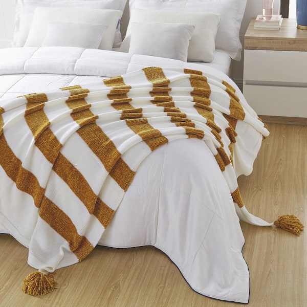 COZY TYME Kaylyn Yellow 4-Corner Tassel Acrylic 50 in. x 60 in. Throw Blanket