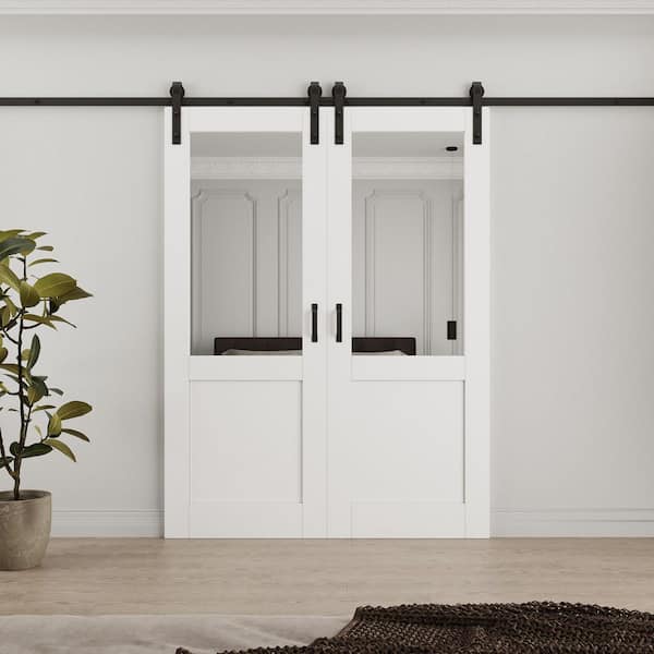 60 in. x 80 in. 1/2-Lite Mirrored Glass White Primed Glass Sliding Barn Door with Hardware Kit