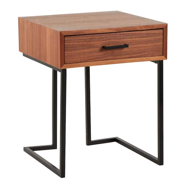 Roman 19 in. Walnut & Black Square Wood End Table with Drawer