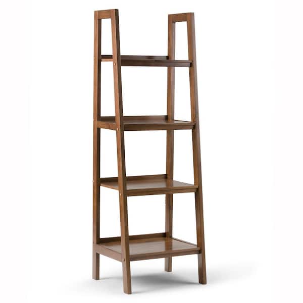 Simpli Home Sawhorse 72 in. H Medium Saddle Brown 4-Shelf Ladder Bookcase