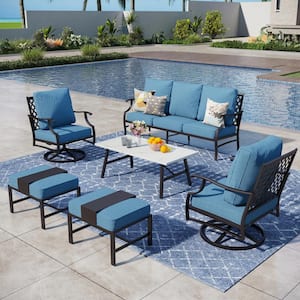 Black Meshed 7-Seat 6-Piece Metal Outdoor Patio Conversation Set with Denim Blue Cushions, Table with Marble Pattern Top