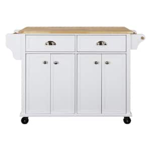 White Natural Wood 52 in. Kitchen Island with Drawers and Retractable Table