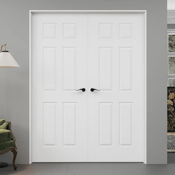 60 in. x 80 in. 6-Panel Universal-Hand Painted Solid Core Wood Double Prehung French Door + Quick Assemble Jamb
