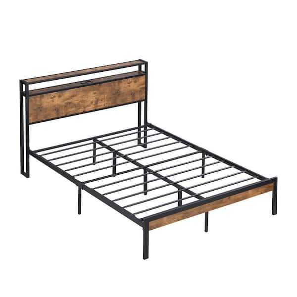 Black Metal Frame Full Size Platform Bed with Wood Headboard and Footboard with USB LINER