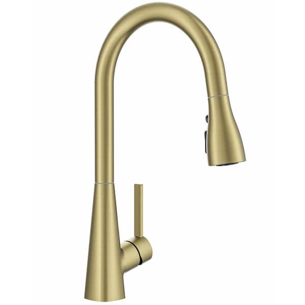 Gooseneck Single Handle Pull Down Sprayer Kitchen Faucet with Deck Plate and Flexible Hose Pull Out Spout in BrushedGold