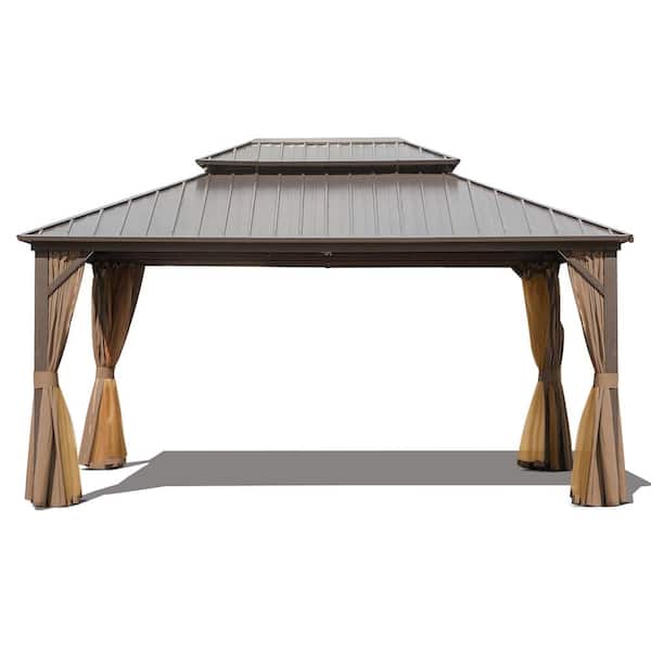 Gardenbee 12 ft. x 16 ft. Aluminum Outdoor Gazebo with Double Galvanized Steel Roof, Ceiling Hook, Mosquito Netting and Curtains