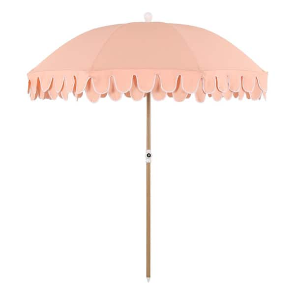 Horizon 6.5 ft. Classic MidCentury Scalloped Fringe Market Beach Umbrella in Coral Pink/White, Brown Pole