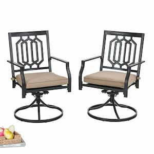 Black Metal Fashion Patio Outdoor Dining Swivel Chair with Beige Cushion (2-Pack)