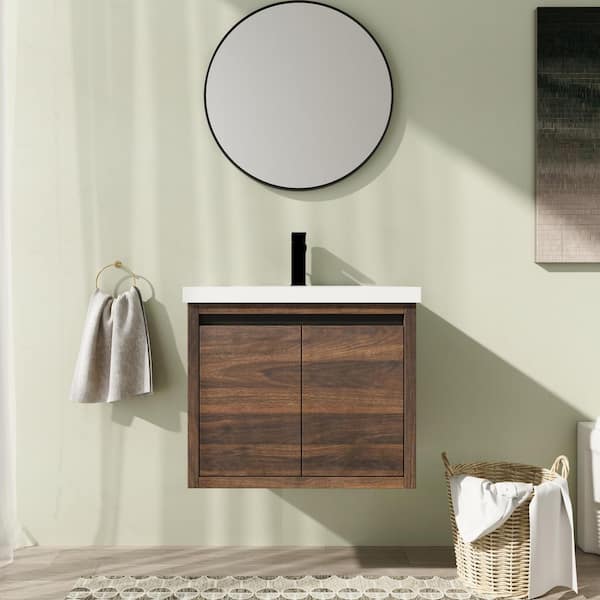 24 in. Wall-Mounted Single Brown Bath Vanity with White Resin Vanity Top Unassembled