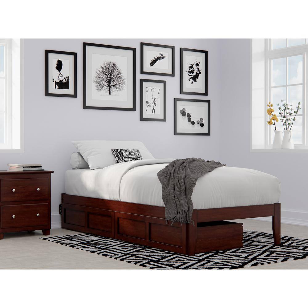 Symmetrical Twin XL Walnut Bed with USB Charger and Storage Drawers
