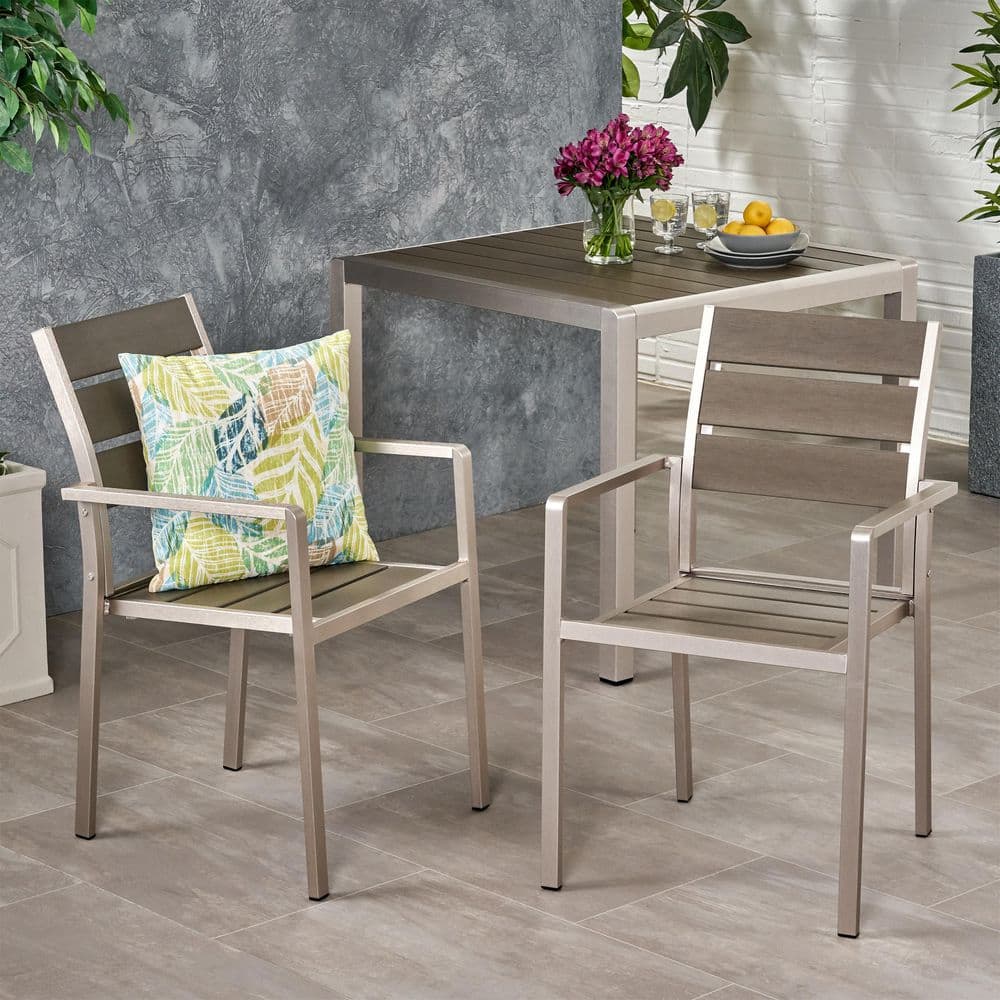 Silver and Gray Aluminum Outdoor Dining Chair with Faux Wood Seat (2-Pack) price history on PriceWatchPro