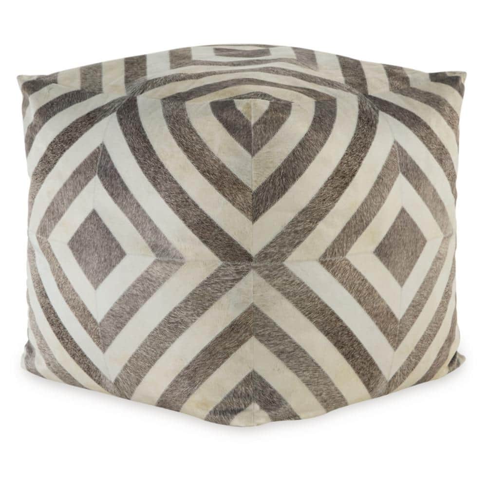 Beige and White Geometric Patterned Polyester Pouf