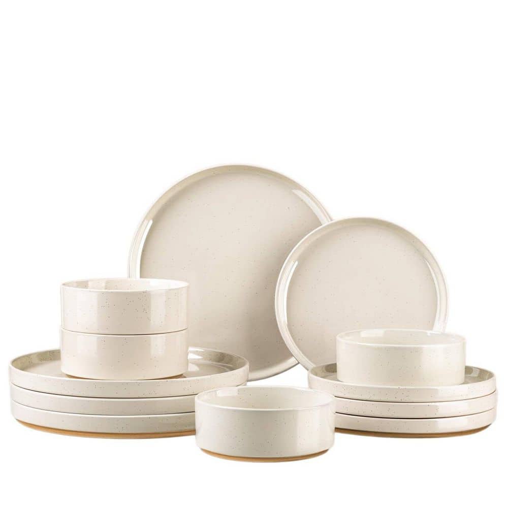 12-Piece Beige Ceramic Dinnerware Set (Service for 4), Speckled Stoneware Plates and Bowls with Unglazed Terracotta price history on PriceWatchPro