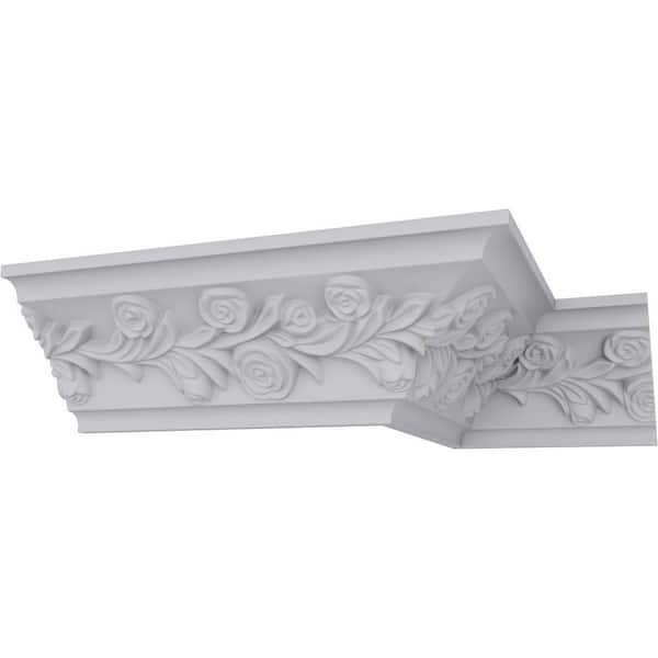 Ekena Millwork 3-7/8 in. x 3-7/8 in. x 94-1/2 in. Polyurethane Rose Crown Moulding