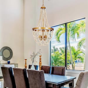 Mid-Century Dining Room Chandelier Farmhouse Chandelier 4-Light Antique Brushed Gold Coastal Chandelier with White Beads