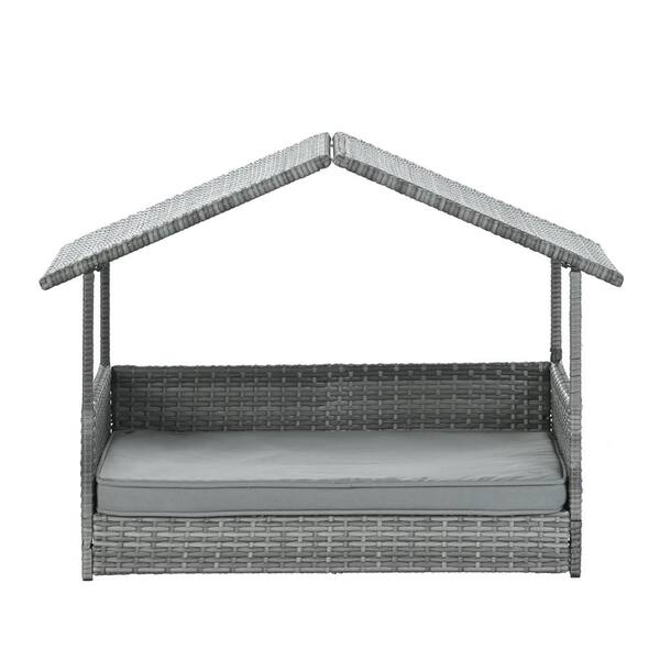 Cesicia Dark Gray Medium Outdoor Furniture Pet Patio Furniture Seasonal PE Wicker Pet Furniture Dog Bed with Canopy