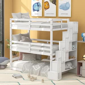 Separate Design White Twin Wood Triple Bunk Bed with Storage Staircase