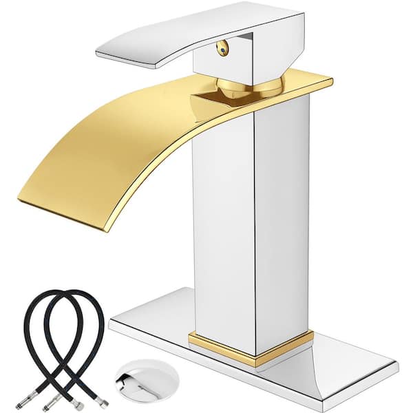 Unbranded Single Handle Single Hole Bathroom Faucet with Deckplate Included and Pop Up Drain in Polish Gold and Polish Chrome