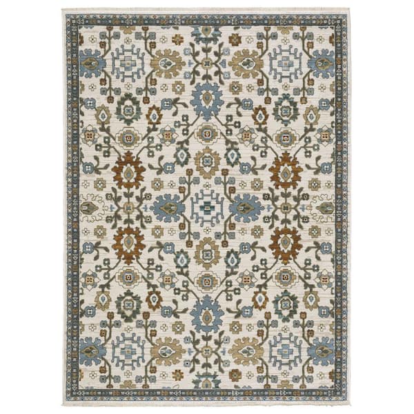 AVERLEY HOME Key Ivory/Multi 10 ft. x 13 ft. Oriental Floral Polyester Fringed-Edge Indoor Area Rug