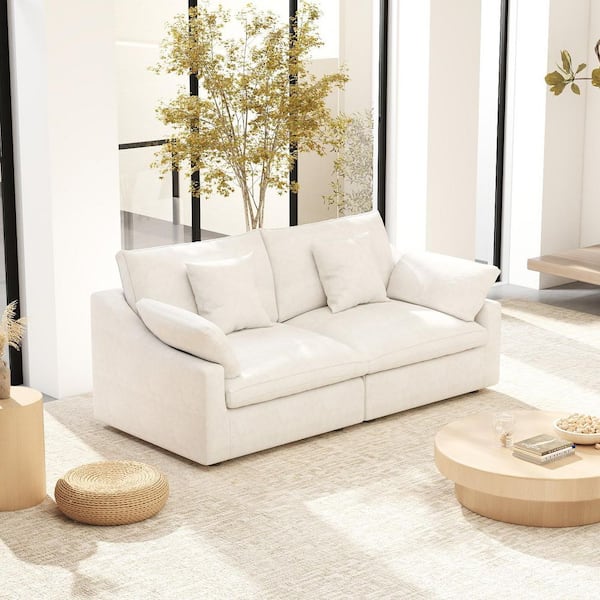 Modular Large Seat 83 in. Plush Linen Wood Framed Loveseat Cloud Couch Sofa in White with Washable Cover for Apartment