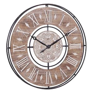 34 in. x 34 in. Brown Metal Wall Clock with Wood Accents