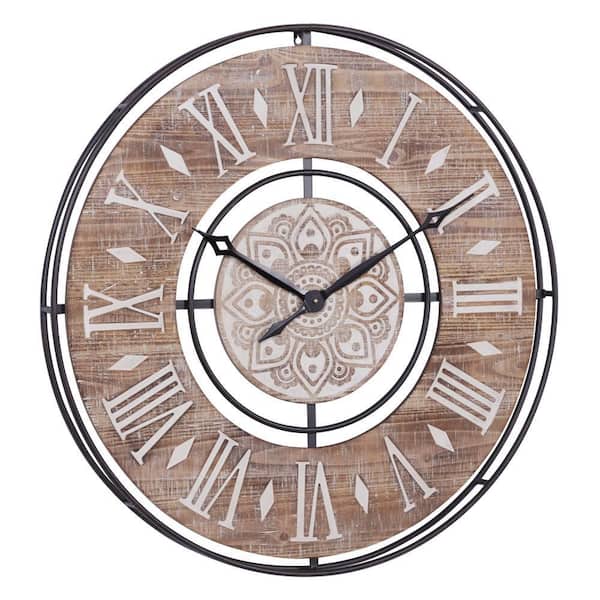 Litton Lane Brown Metal Analog Wall Clock with Wood Accents