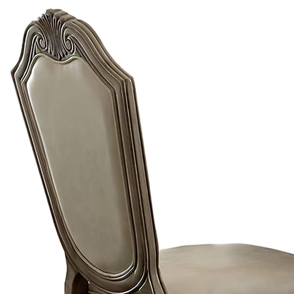 Antique White Upholstered Leather Side Chair with Wood Frame