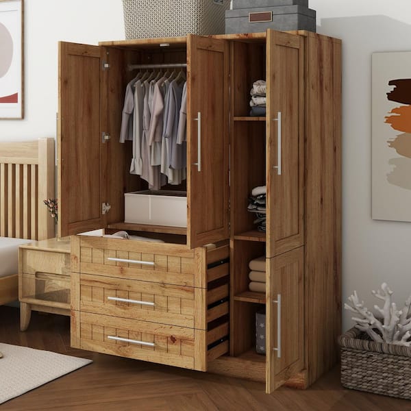 Natural 47.2 in. 4-Doors Wardrobe Armoire with Storage Shelves, 3 Drawers and Built-in Hanging Rail