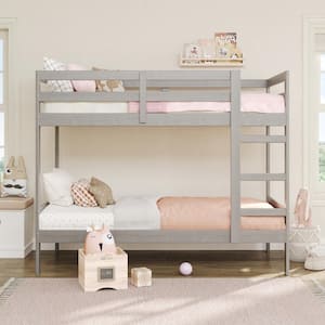 Grey Solid Wood Transitional Twin Bunk Bed with Ladder