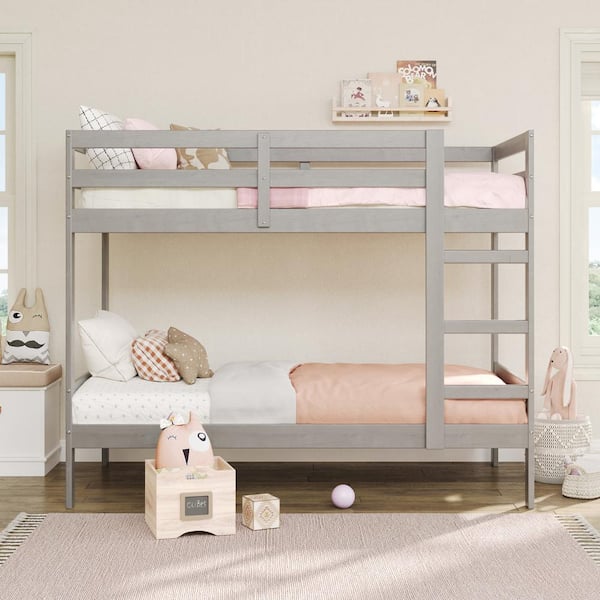 Welwick Designs Grey Solid Wood Transitional Twin Bunk Bed with Ladder ...