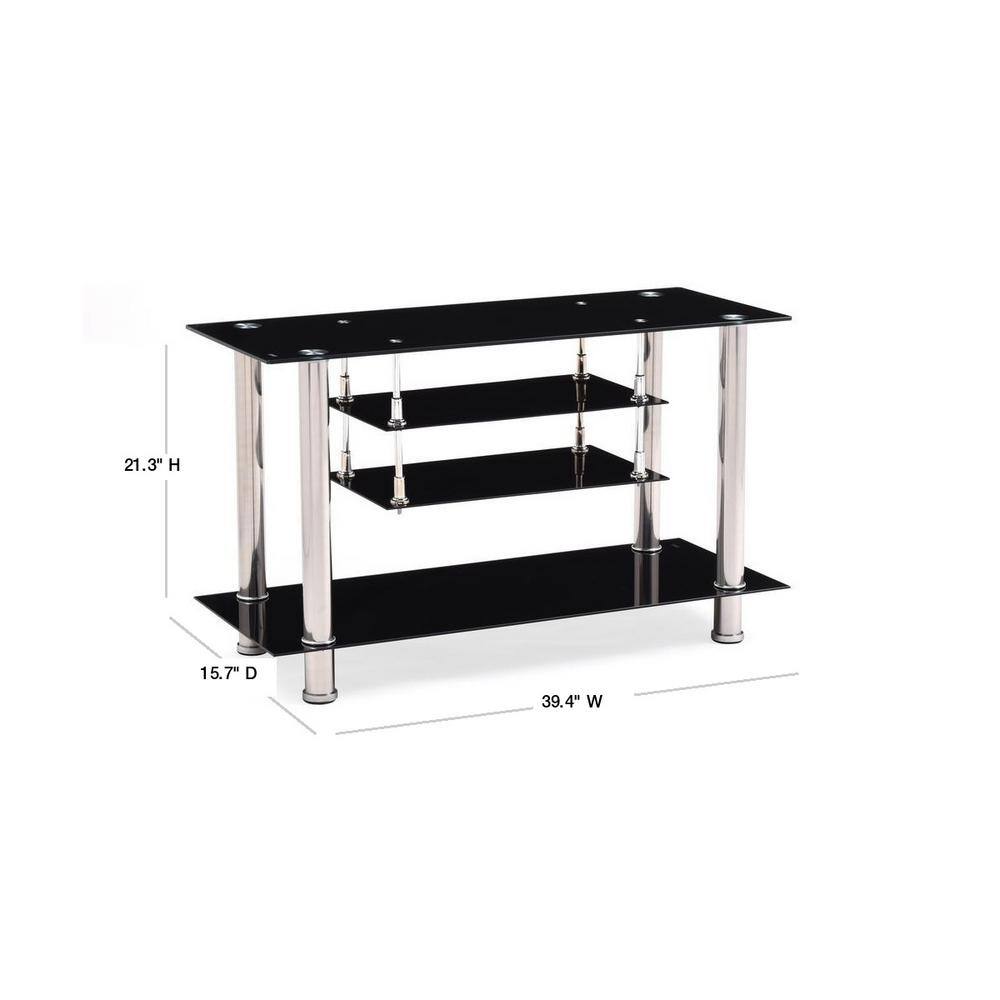 Black Tempered Glass and Metal TV Stand with Shelves