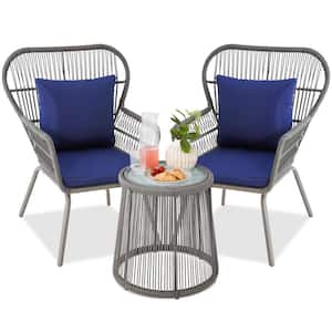 3-Piece Gray Wicker Patio Conversation Outdoor Bistro Set with 2-Chairs, Navy Blue Cushions