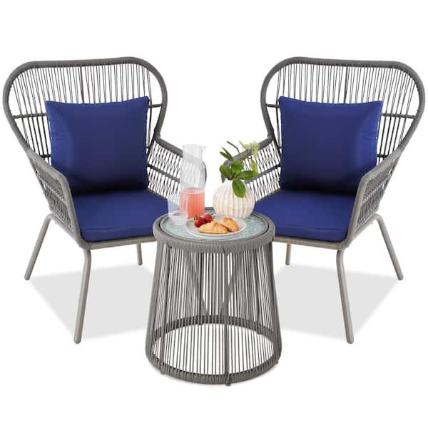 3-Piece Gray Wicker Patio Conversation Outdoor Bistro Set with 2-Chairs, Navy Blue Cushions