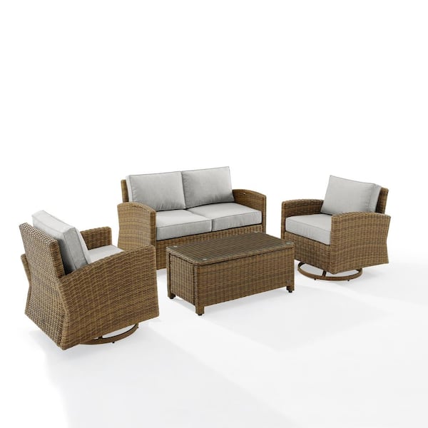 CROSLEY FURNITURE Bradenton Weathered Brown 4-Piece Wicker Patio Conversation Set with Gray Cushions