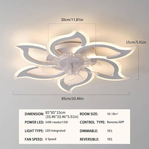 33.46 in. Indoor White Low Profile Modern Ceiling Fan with Bright White Integrated LED and Remote Included for Bedroom