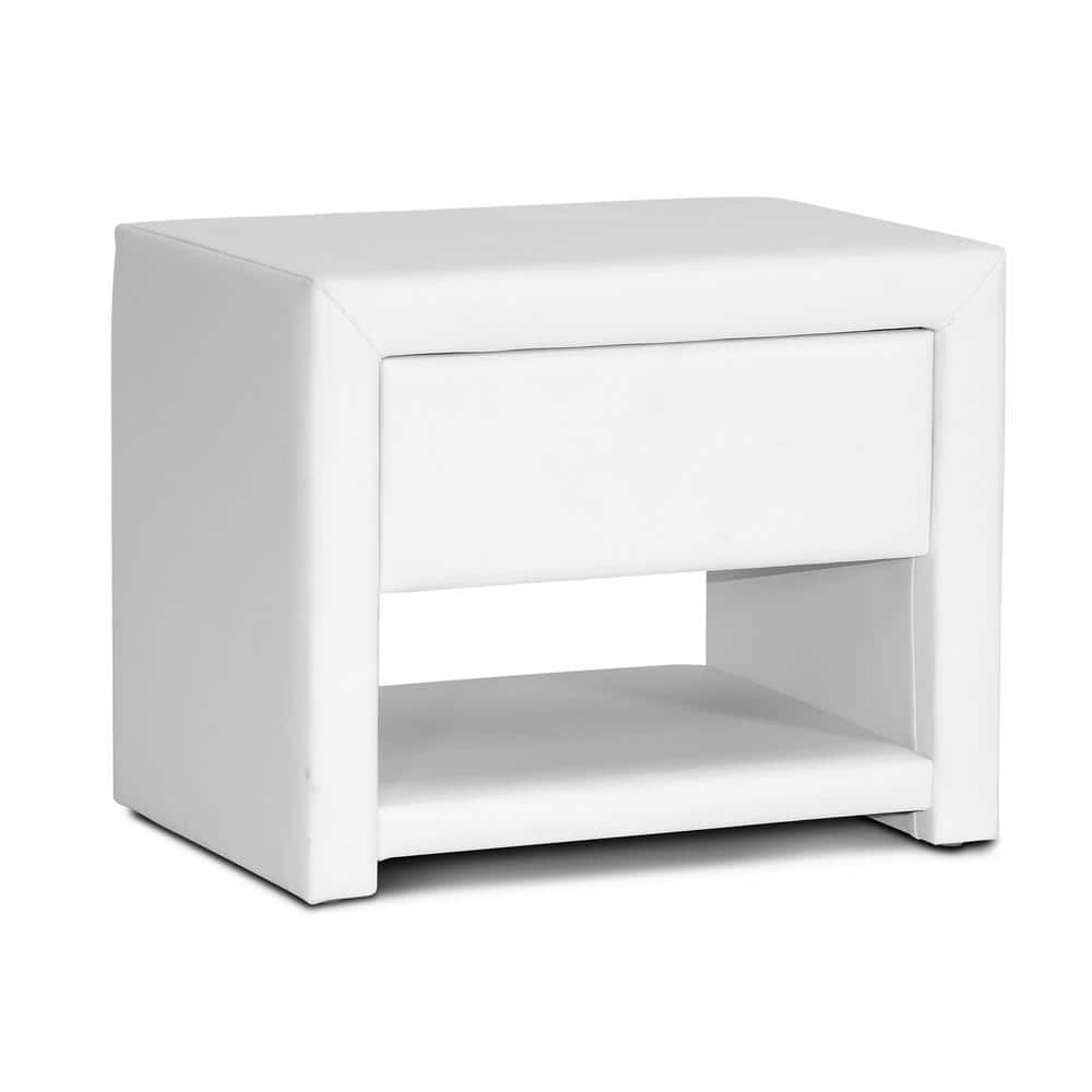 Petite Massey White Faux Leather Modern Nightstand with Single Drawer