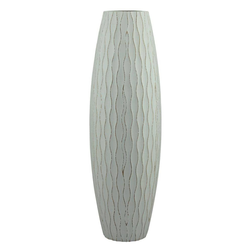 Pale Ocean Blue Wave Textured Wood Vase, 15.7"