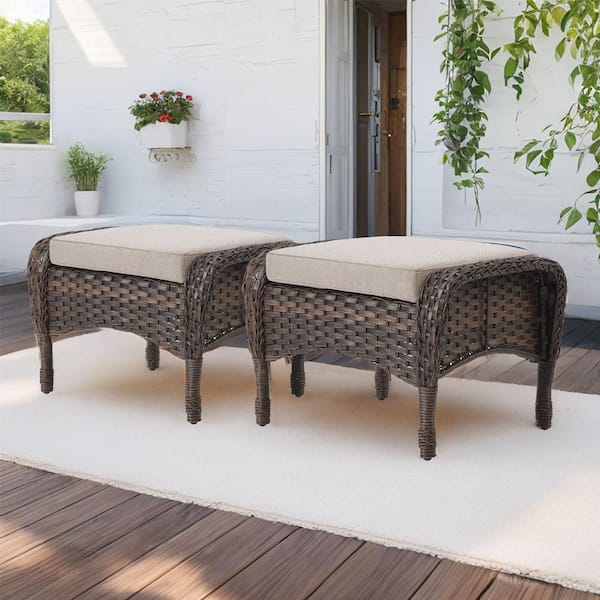 Gymojoy Carlos Brown Wicker Outdoor Ottoman with Beige Cushions