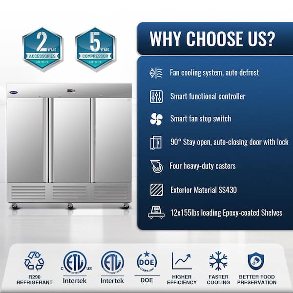 81 in. 72 cu.ft. Reach-In Auto / Cycle Defrost Upright Freezer in Stainless Steel Silver with 3 Solid Door, ETL Approved