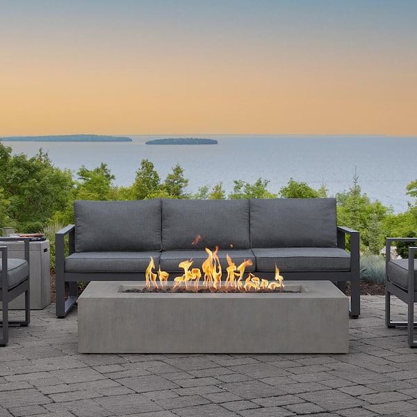 JENSEN CO Matteau Low 60 in. L x 12 in. H Outdoor Rectangular Concrete Composite Natural Gas Fire Table in Flint with Vinyl Cover
