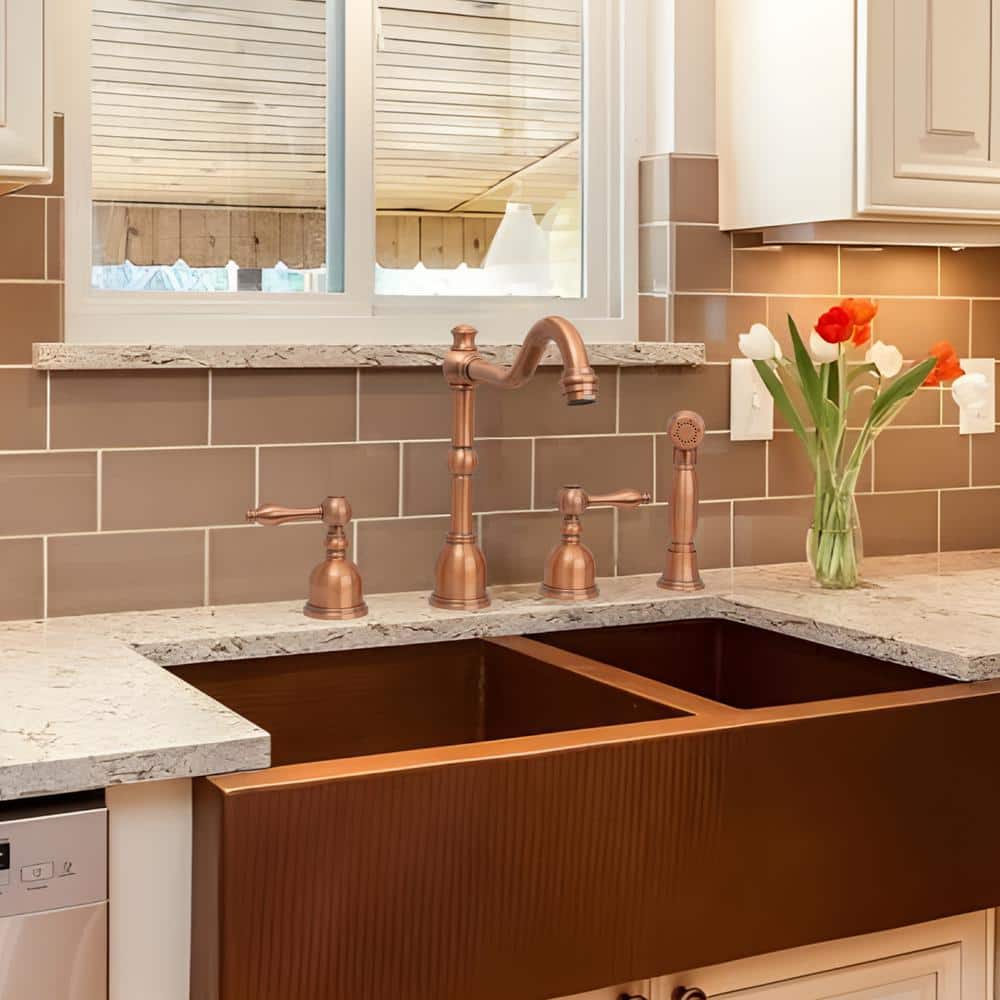 Brushed Copper Double-Handle Widespread Kitchen Faucet with Side Spray